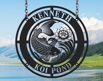 Decoración de pared metálica personalizada con peces koi, letrero personalizado para estanque de koi, decoración de exteriores con peces, letrero metálico de loto koi, decoración de pared para jardín o patio.