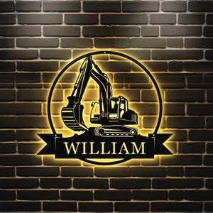 Custom Excavator Driver Metal Wall Art LED Light Personalized Excavator Name Sign Home Decor Construction Decoration Birthday Xmas Dad Gift