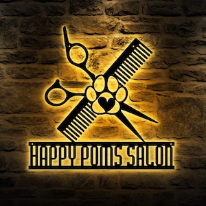 Custom Dog Grooming Hair Salon Metal Wall Art LED Light Personalized Groomer Name Sign Home Decor Pet Grooming Decoration Christmas Gift