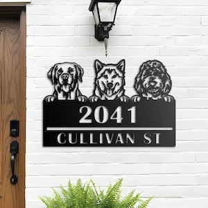 Personalized peeking dogs, puppy Metal Address Sign House number Hanging Address Plaque Yard Sign Outdoor decor Garden Stake