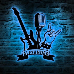 Custom Metal Rock and Roll Sign with Led Light, Rock N Roll Wall Art, Rock Hand Sign, Heavy Metal Music Room Man Cave Decor, Music Band Gift