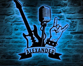 Custom Metal Rock and Roll Sign with Led Light, Rock N Roll Wall Art, Rock Hand Sign, Heavy Metal Music Room Man Cave Decor, Music Band Gift