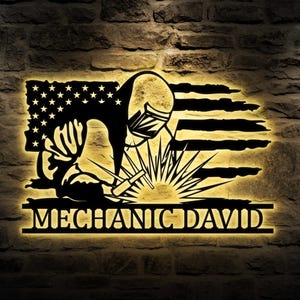 Custom Welder US Flag Metal Sign with Led Light, Xmas Birthday Gift for Welder Dad, Father's Day, Ironworker Sign, Welding Wall Art Decor