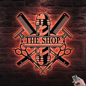 Custom Barber Shop Metal Wall Art with LED Lights, Barber Name Sign, LED Barbershop Wall Decor, Hairstyle Metal Art, Birthday Gift