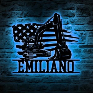 Custom US Excavator Driver Metal Wall Art LED Light Personalized Excavator Name Sign Home Decor Construction Decor Christmas Dad Gift