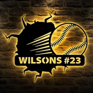 Arte de pared de béisbol de metal personalizado con luz LED, letrero de béisbol con nombre personalizado, decoración para habitación deportiva, regalo para hijo, decoración navideña