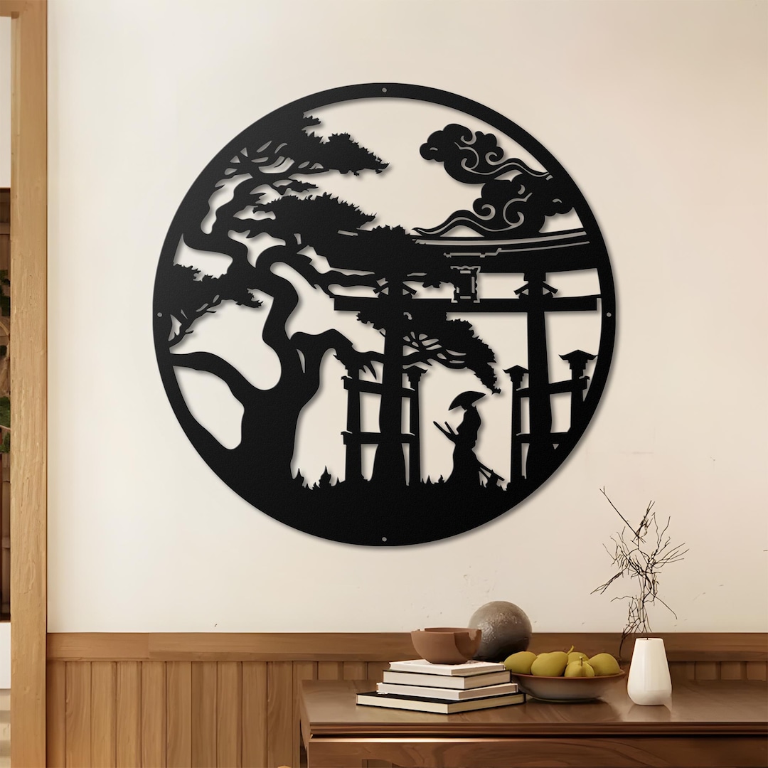 Japanese Torii Gate Metal Wall Art, Bonsai Tree Decor, Samurai & Shogun ...