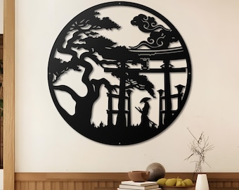 May include: Black metal wall art depicting a Japanese scene with a tree, a torii gate, and a figure in traditional clothing. The art is circular and has a minimalist design.