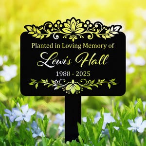 Letrero de árbol conmemorativo personalizado con estaca, placa de metal con nombre floral, marcador conmemorativo de metal, marcador de placa de árbol, pérdida de papá y mamá, letrero de simpatía