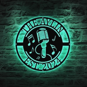 Letrero de metal personalizado con luz LED para cantar, letrero de bar de karaoke, letrero con nombre de músico, decoración de sala de música con micrófono, amante de la música, decoración de sala de música