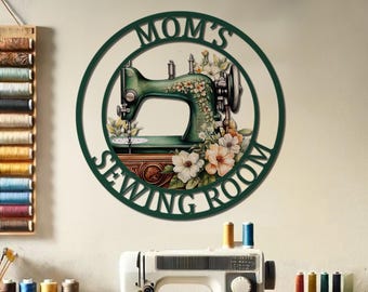 Letrero metálico personalizado para sala de costura, decoración para sala de manualidades, letrero personalizado con máquina de coser y flores, placa para sala de costura, regalo para el Día de la Madre