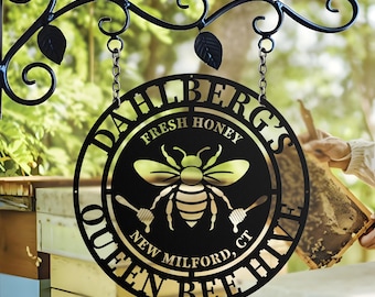 Gepersonaliseerde honingbij metalen bord, aangepaste bijenkorf muurkunst decor, welkomstbord bijenboerderij, aangepast tuinbord, cadeau voor tuinman bijenhouder