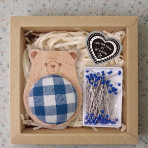 Wooden Animal Pincushion with Glass Head Pins, Cat, Rabbit, Bear, Fox or Owl in Plaid or Stripe, Pin Cushion Gift Box for Quilters Plaid Bear