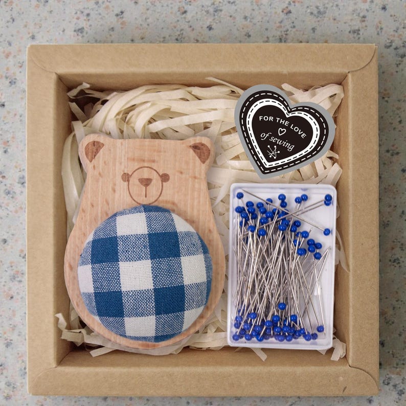 Wooden Animal Pincushion with Glass Head Pins, Cat, Rabbit, Bear, Fox or Owl in Plaid or Stripe, Pin Cushion Gift Box for Quilters Plaid Bear