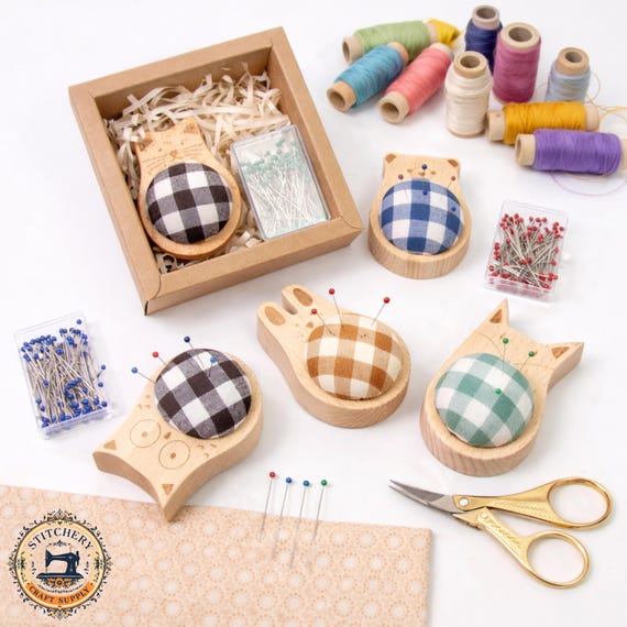 Beechwood Pincushion with Animal Carving Design and Glass Head Pins Sewing Needle Holder Gift