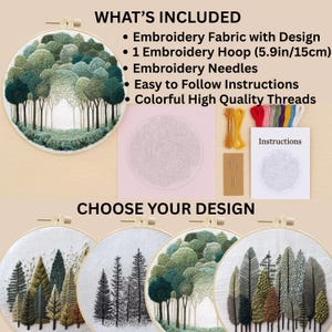 May include: An embroidery kit with a forest design. The kit includes an embroidery hoop (5.9in), needles, colorful threads, and instructions. The image also shows different forest design options.