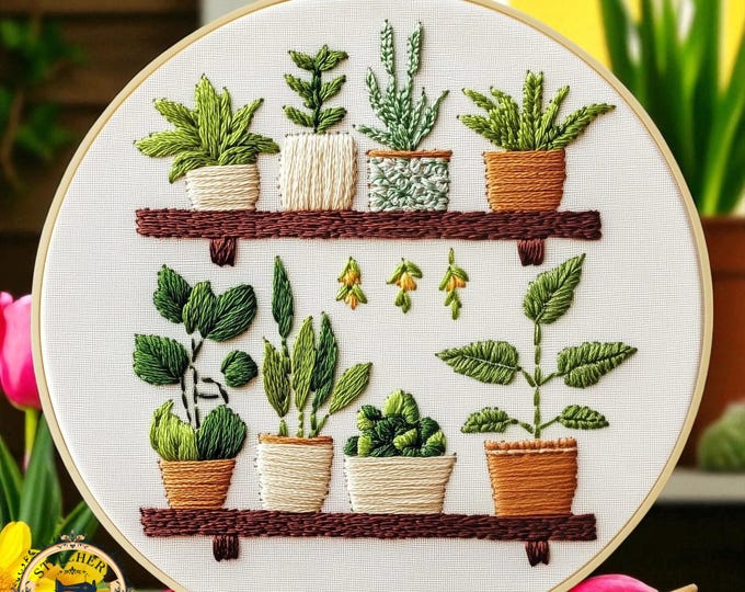 Plants Embroidery Kit for Beginners, Modern Plant Hand Embroidery Kit, DIY Aesthetic Needlework Gift for Book & Plant Lovers