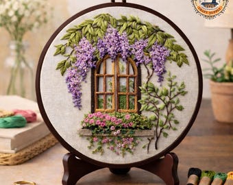 Wisteria Window Embroidery Kit – Romantic Floral Window Blooms Needlepoint DIY Craft Gift