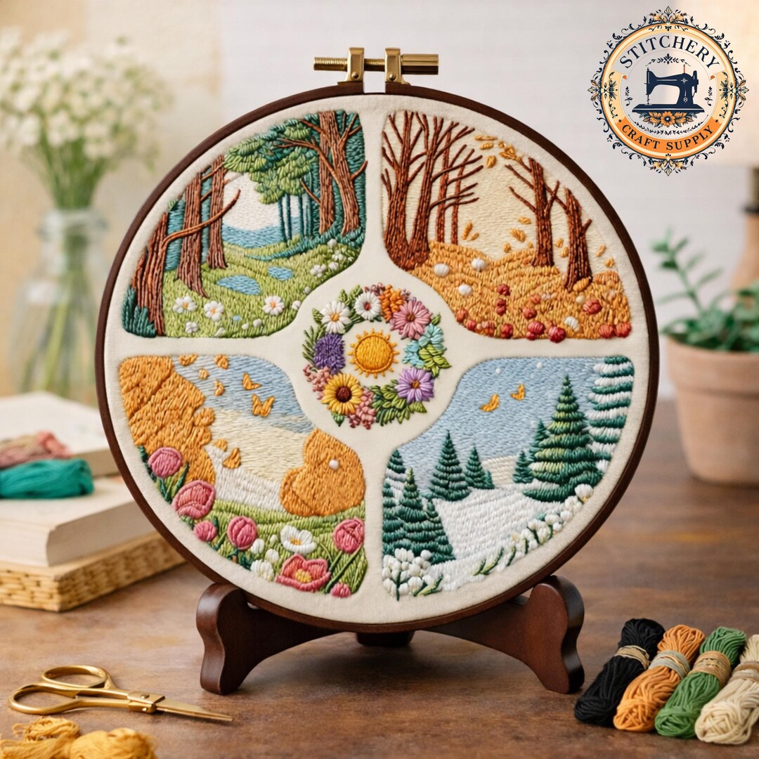 Four Seasons Embroidery Sampler Kit, Nature Landscape Hoop Art ...