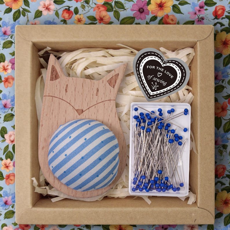 Wooden Animal Pincushion with Glass Head Pins, Cat, Rabbit, Bear, Fox or Owl in Plaid or Stripe, Pin Cushion Gift Box for Quilters Stripe Fox