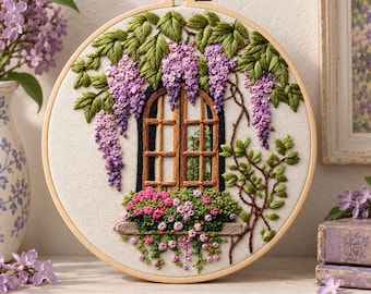 Wisteria Window Embroidery Kit, Romantic Floral Window Blooms, DIY Craft Gift, Beginner Needlework Hoop Art