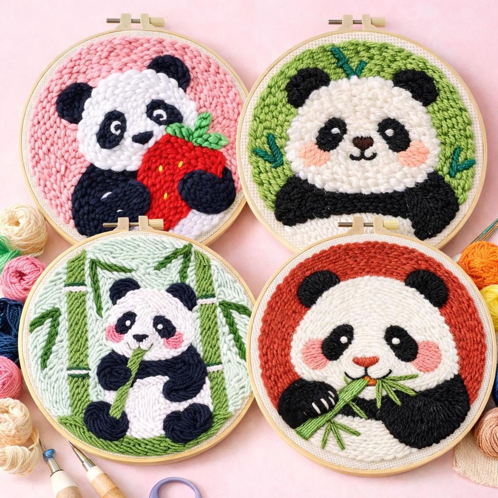 40 DIY Yarn Crafts For Kids 4 Panda Punch Needle Kit, Cute Animal Hoop Art, DIY Yarn Craft Kit for…