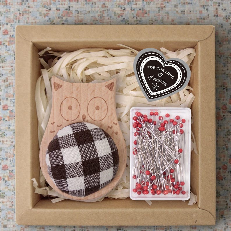 Wooden Animal Pincushion with Glass Head Pins, Cat, Rabbit, Bear, Fox or Owl in Plaid or Stripe, Pin Cushion Gift Box for Quilters Plaid Owl