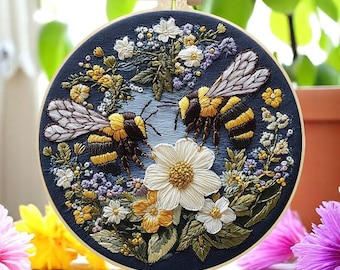Bee Embroidery Kit for Beginners | Floral DIY Hoop Art | Nature Craft Gift