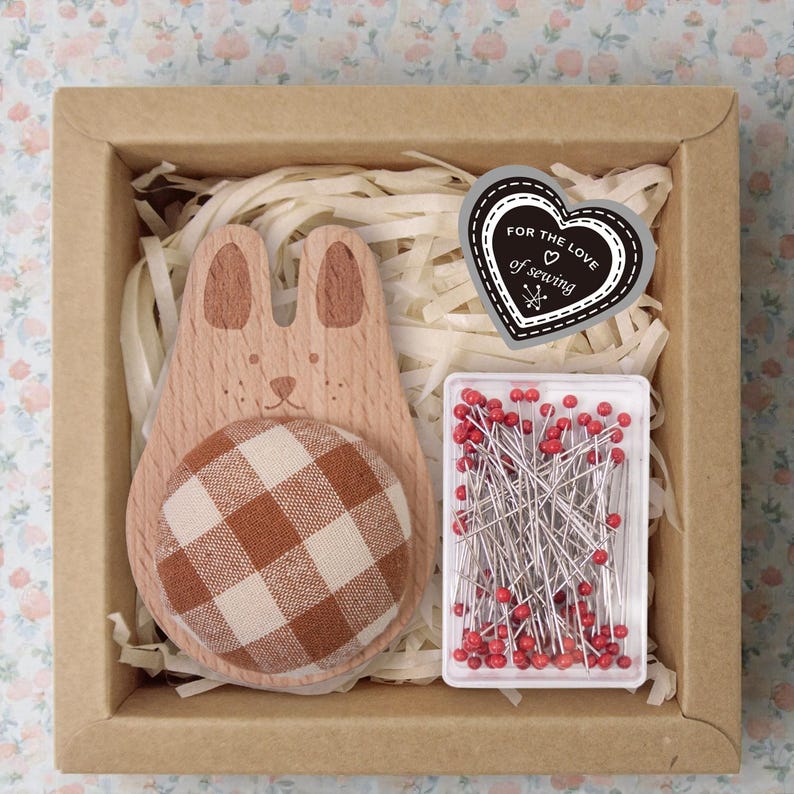 Wooden Animal Pincushion with Glass Head Pins, Cat, Rabbit, Bear, Fox or Owl in Plaid or Stripe, Pin Cushion Gift Box for Quilters Plaid Rabbit