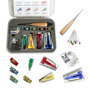 Bias Tape Maker Kit, 4 Sizes 6, 12, 18 and 25 mm, or Complete Set with Binding Foot, Clips and Awl in a Case, Quilting Binding Tool
