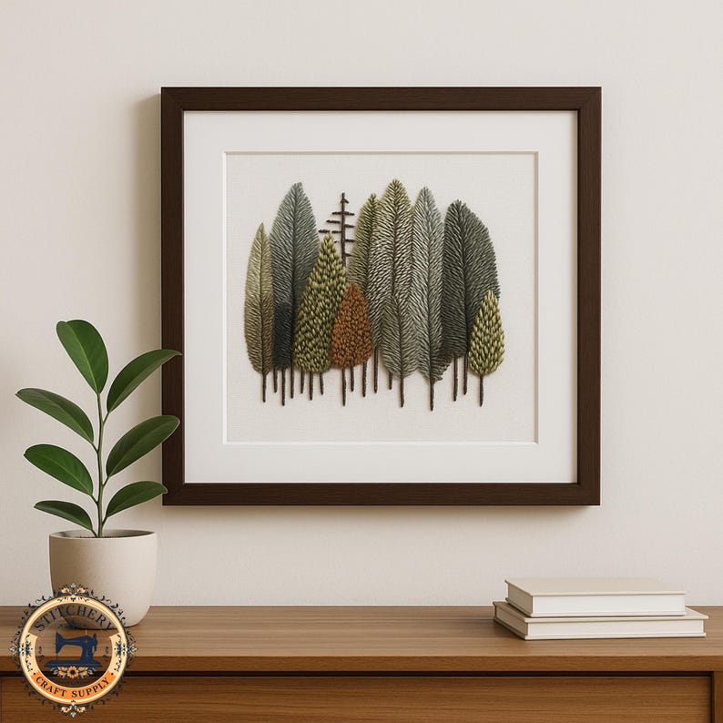 May include: A framed artwork featuring an embroidered forest scene. The trees are rendered in shades of green, brown, and gray, with detailed textures. The artwork is set against a white background and framed in a dark brown wooden frame.