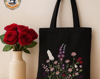 Floral Canvas Tote Bag Embroidery Kit for Beginners, DIY Wearable Art Craft, Flower Needlework Gift