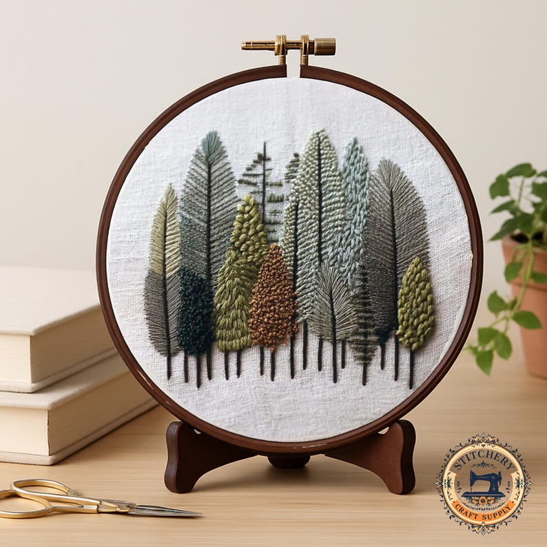 nature tree embroidery kit for beginners with lush canopy and tall trees with texture