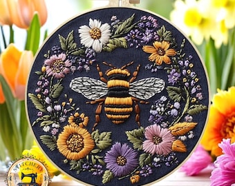 Bee Embroidery Kit for Beginners: Floral DIY Craft, Black Fabric