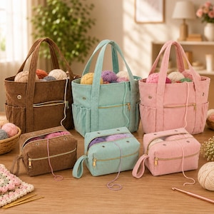 May include: Three corduroy tote bags and three matching corduroy zipper pouches in brown, mint green, and light pink. Each bag and pouch contains colourful yarn balls, with yarn strands extending through metal grommets on the front panels.