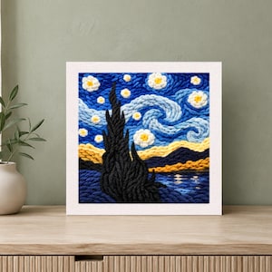 Starry Night Punch Needle Kit, Van Gogh Inspired DIY Canvas Art, Complete Beginner Set with 25x25cm Canvas, Yarn and Tool Included