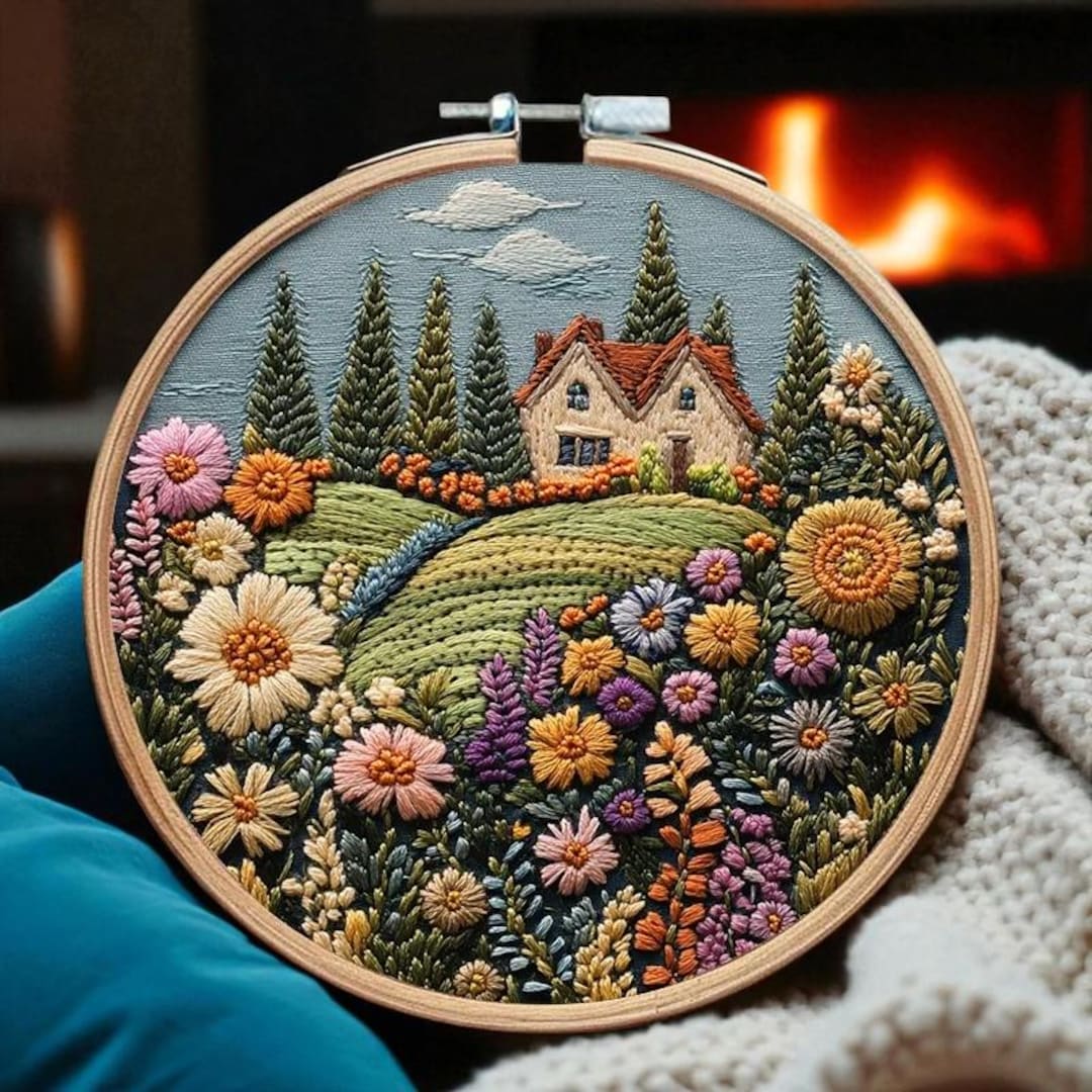 Cottage Embroidery Kit, Floral Landscape Hoop Art, Beginner DIY Craft ...