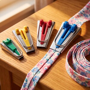 Bias Tape Maker Kit, 4 Sizes 6, 12, 18 and 25 mm, or Complete Set with Binding Foot, Clips and Awl in a Case, Quilting Binding Tool