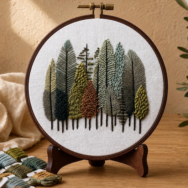 Modern Tree Embroidery Kit for Beginners, Woodland Hoop Art, DIY Craft Gift, Forest Nature Decor