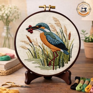 May include: An embroidered hoop art piece featuring a colorful kingfisher bird holding berries. The bird is set against a backdrop of reeds and water, with a dark brown wooden frame and stand. The embroidery is detailed and vibrant.