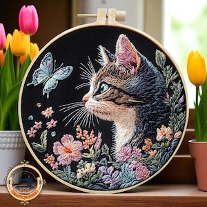 Cat Embroidery Kit for Beginners, DIY Floral Cat and Butterfly Needlepoint Kit, Gift for Cat Lovers, Modern Hand Stitching Craft,