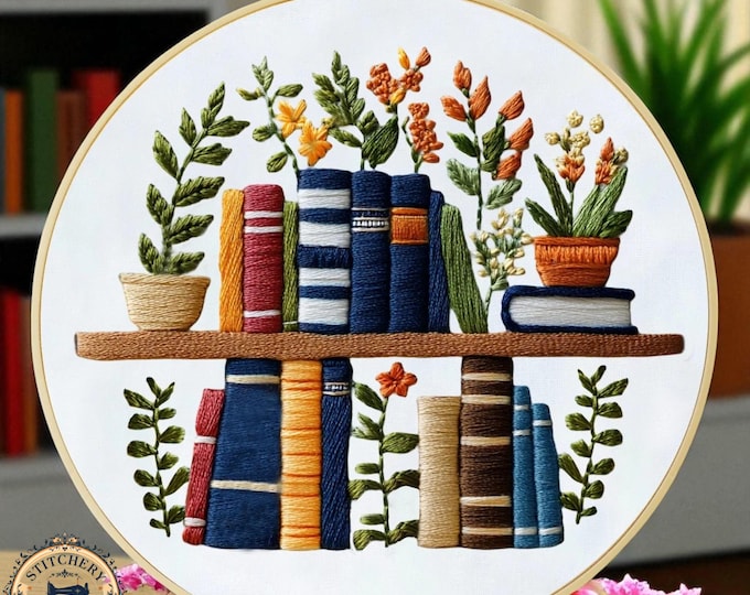Bookshelf Embroidery Kit, Modern Plant Design, Beginner Needlework