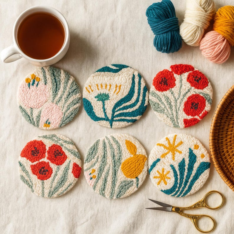 Punch Needle Coaster Kit for Beginners, Floral DIY Needlecraft Gift ...