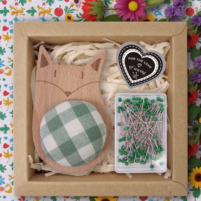Wooden Animal Pincushion with Glass Head Pins, Cat, Rabbit, Bear, Fox or Owl in Plaid or Stripe, Pin Cushion Gift Box for Quilters Plaid Fox