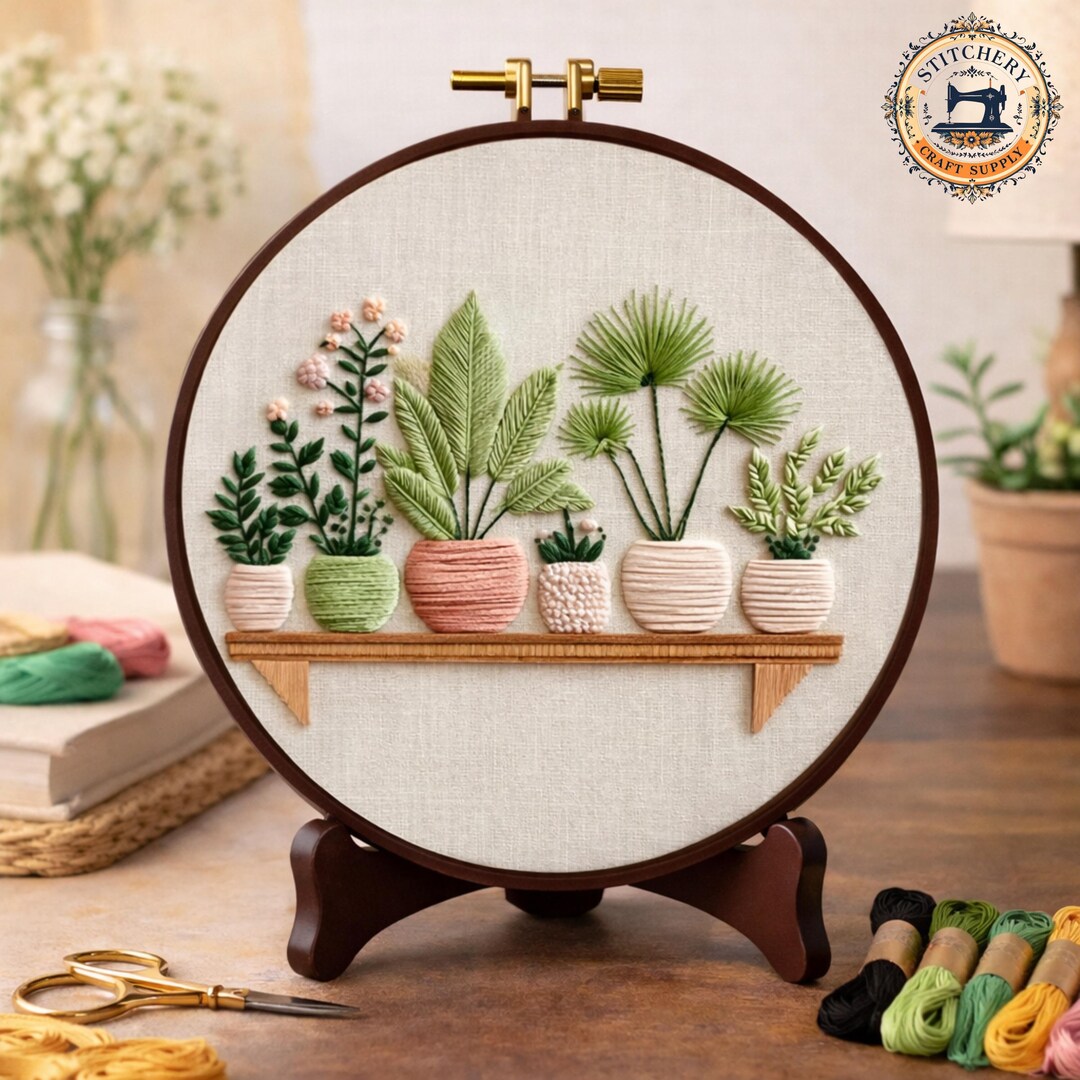 Potted Plant Shelf Embroidery Kit, Modern Botanical DIY Hoop Wall Art ...