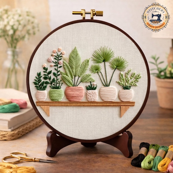 Potted Plant Shelf Embroidery Kit, Modern Botanical DIY Hoop Wall Art for Nature Lovers
