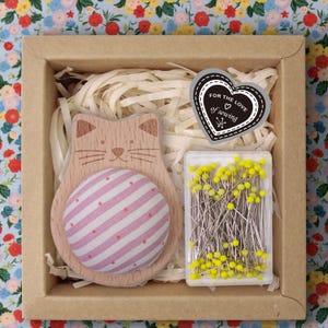 Wooden Animal Pincushion with Glass Head Pins, Cat, Rabbit, Bear, Fox or Owl in Plaid or Stripe, Pin Cushion Gift Box for Quilters Stripe Cat