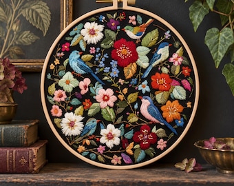 Songbird Embroidery Kit for Beginners, Black Fabric Hoop Art, Floral Bird Needlework Set, DIY Craft Gift, Bird Lover Gift