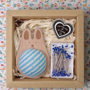 Wooden Animal Pincushion with Glass Head Pins, Cat, Rabbit, Bear, Fox or Owl in Plaid or Stripe, Pin Cushion Gift Box for Quilters Stripe Rabbit