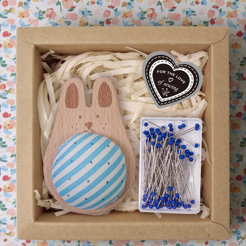 Wooden Animal Pincushion with Glass Head Pins, Cat, Rabbit, Bear, Fox or Owl in Plaid or Stripe, Pin Cushion Gift Box for Quilters Stripe Rabbit